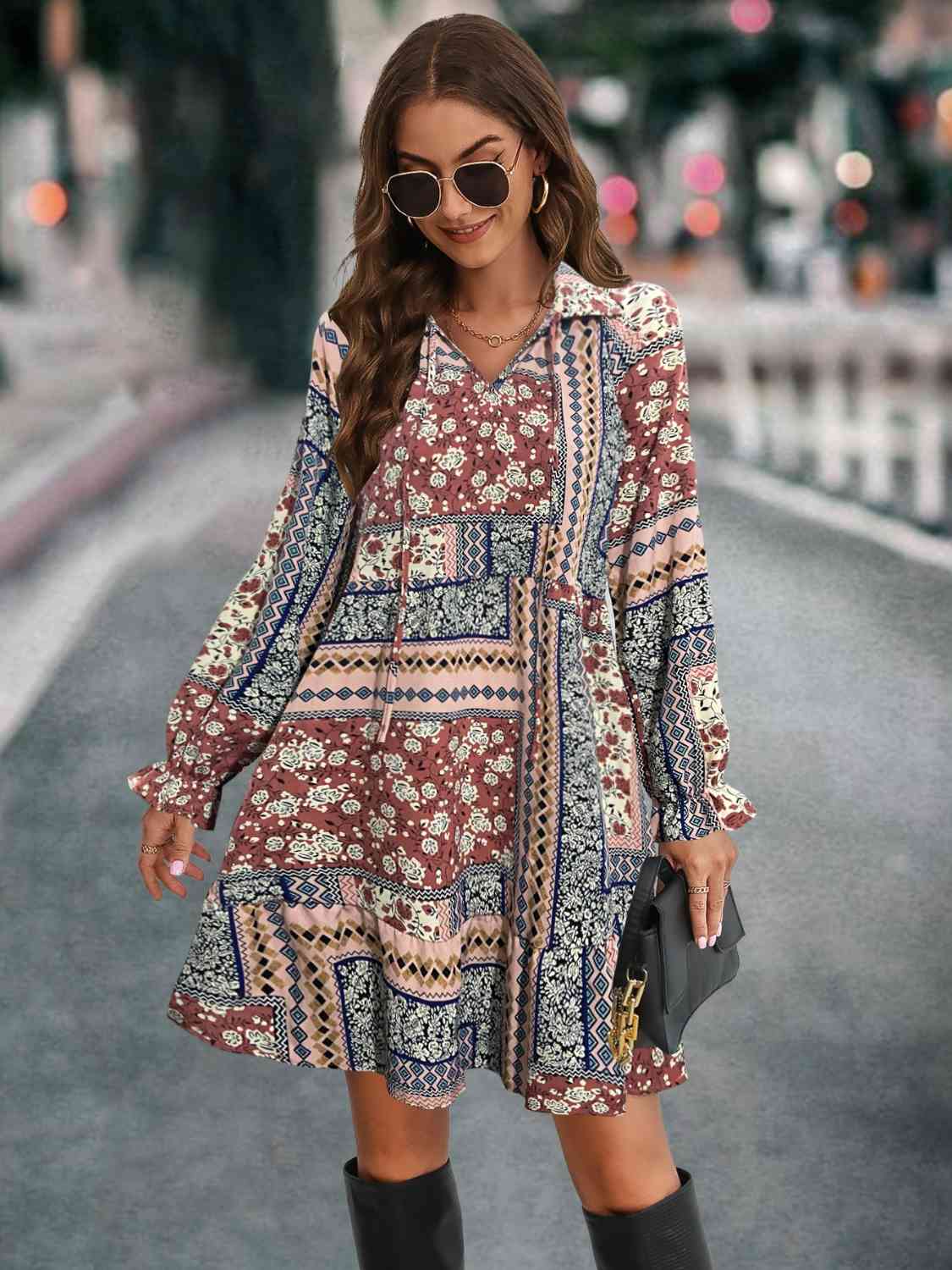 Printed Tie Front Flounce Sleeve Dress Print on any thing USA/STOD clothes