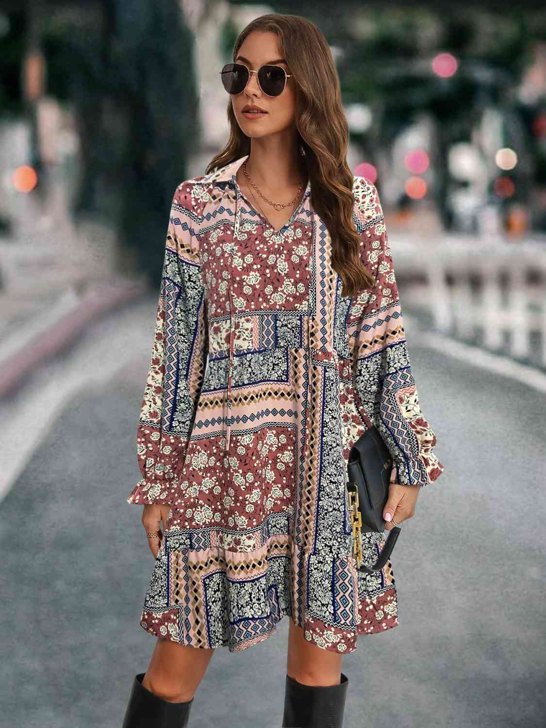 Printed Tie Front Flounce Sleeve Dress Print on any thing USA/STOD clothes