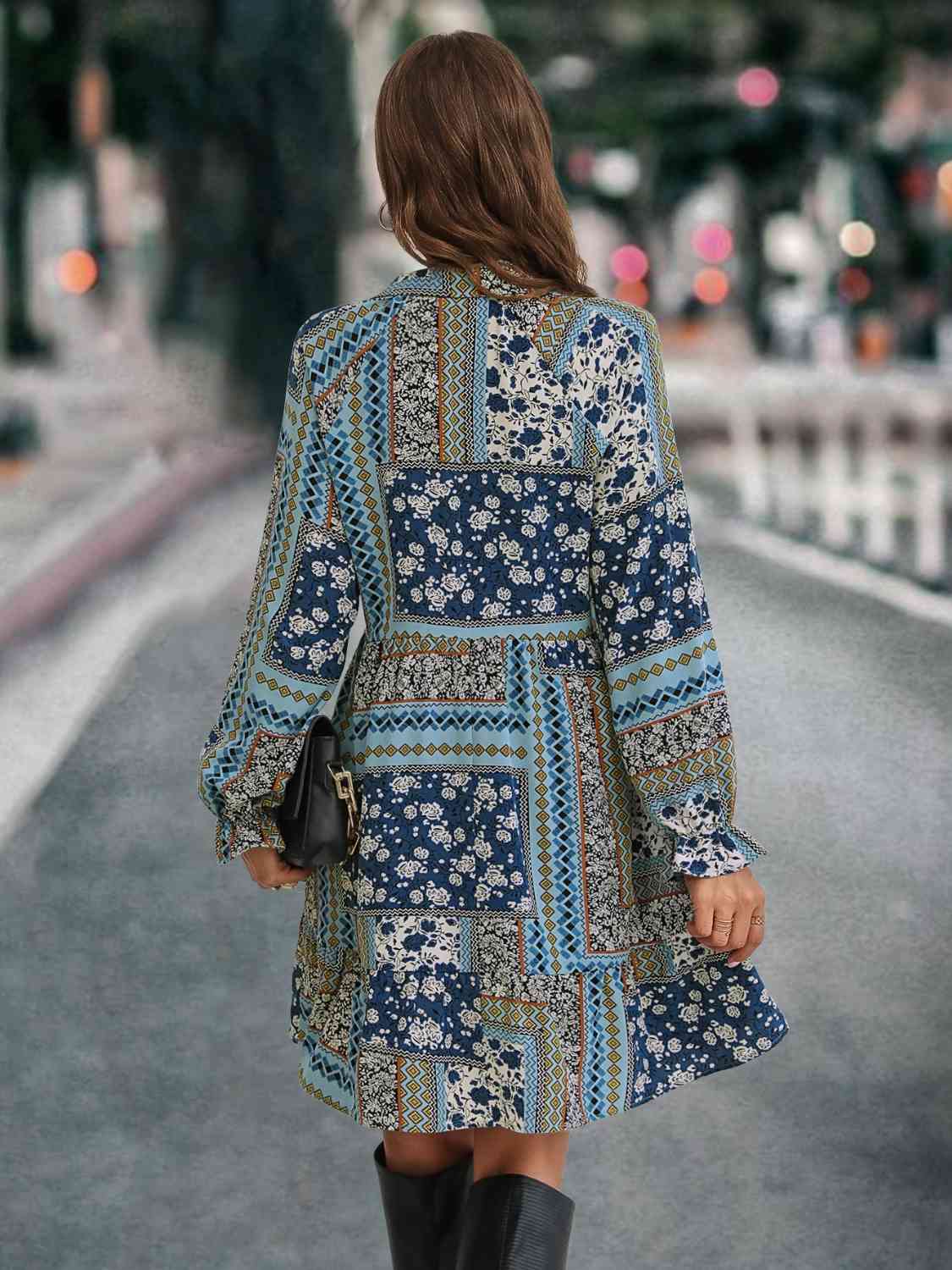 Printed Tie Front Flounce Sleeve Dress Print on any thing USA/STOD clothes