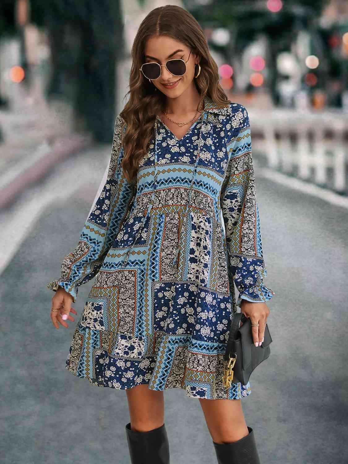 Printed Tie Front Flounce Sleeve Dress Print on any thing USA/STOD clothes