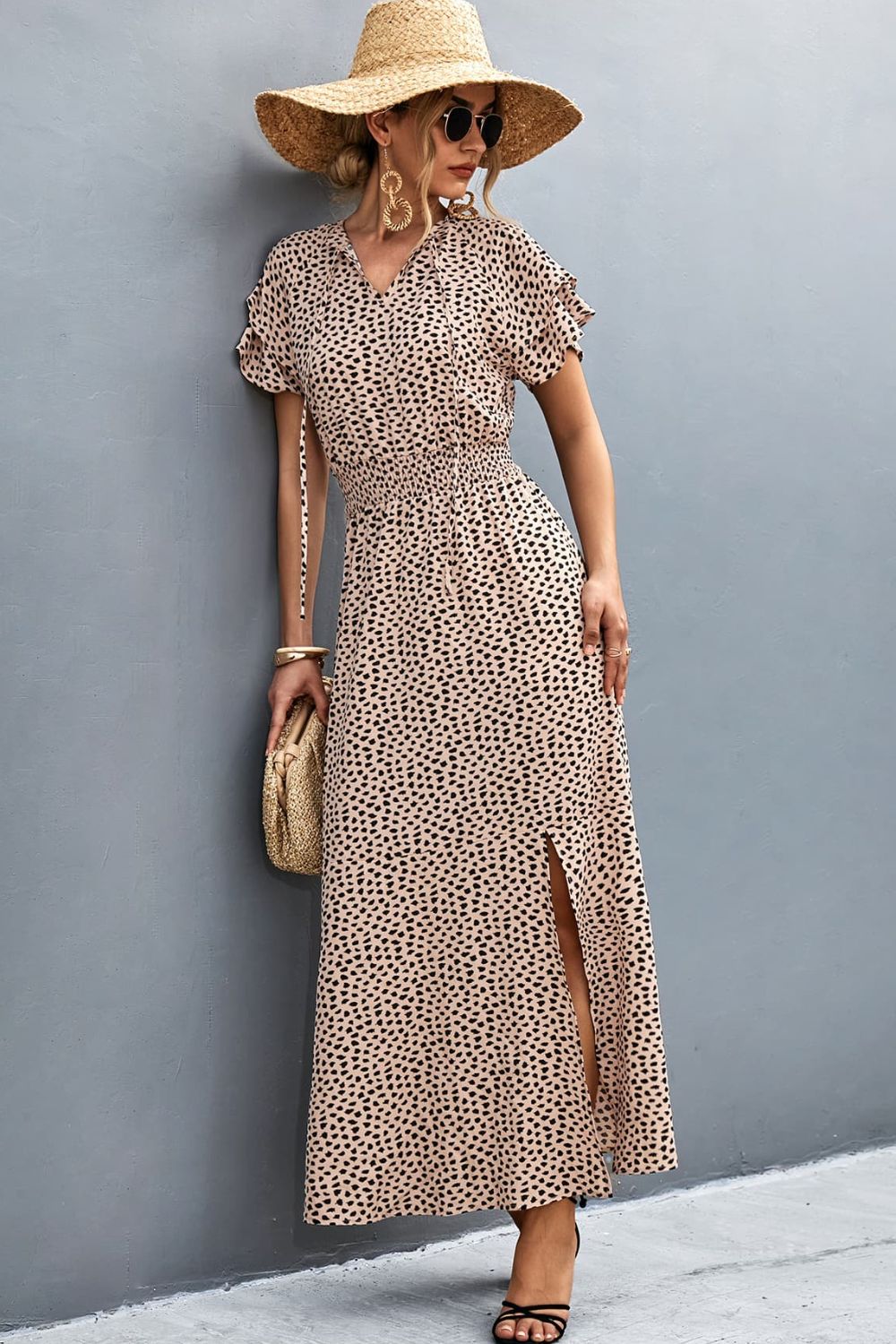 Printed Tie-Neck Flutter Sleeve Split Dress Print on any thing USA/STOD clothes