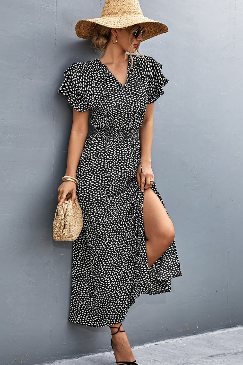 Printed Tie-Neck Flutter Sleeve Split Dress Print on any thing USA/STOD clothes