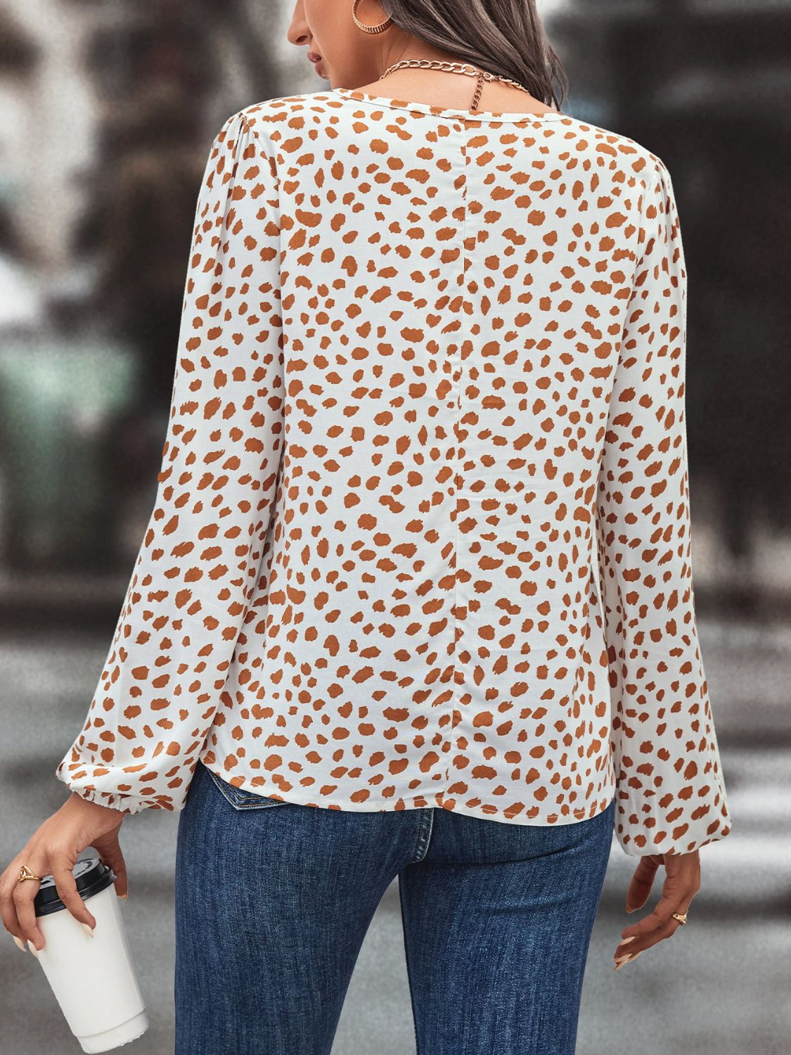 Printed Tie Neck Long Sleeve Blouse Print on any thing USA/STOD clothes