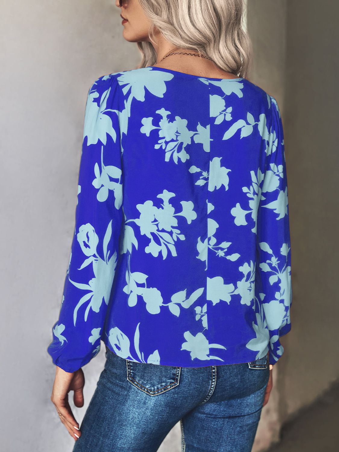 Printed Tie Neck Long Sleeve Blouse Print on any thing USA/STOD clothes