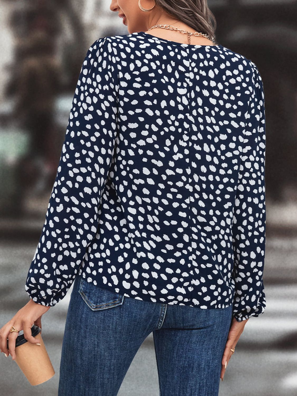 Printed Tie Neck Long Sleeve Blouse Print on any thing USA/STOD clothes