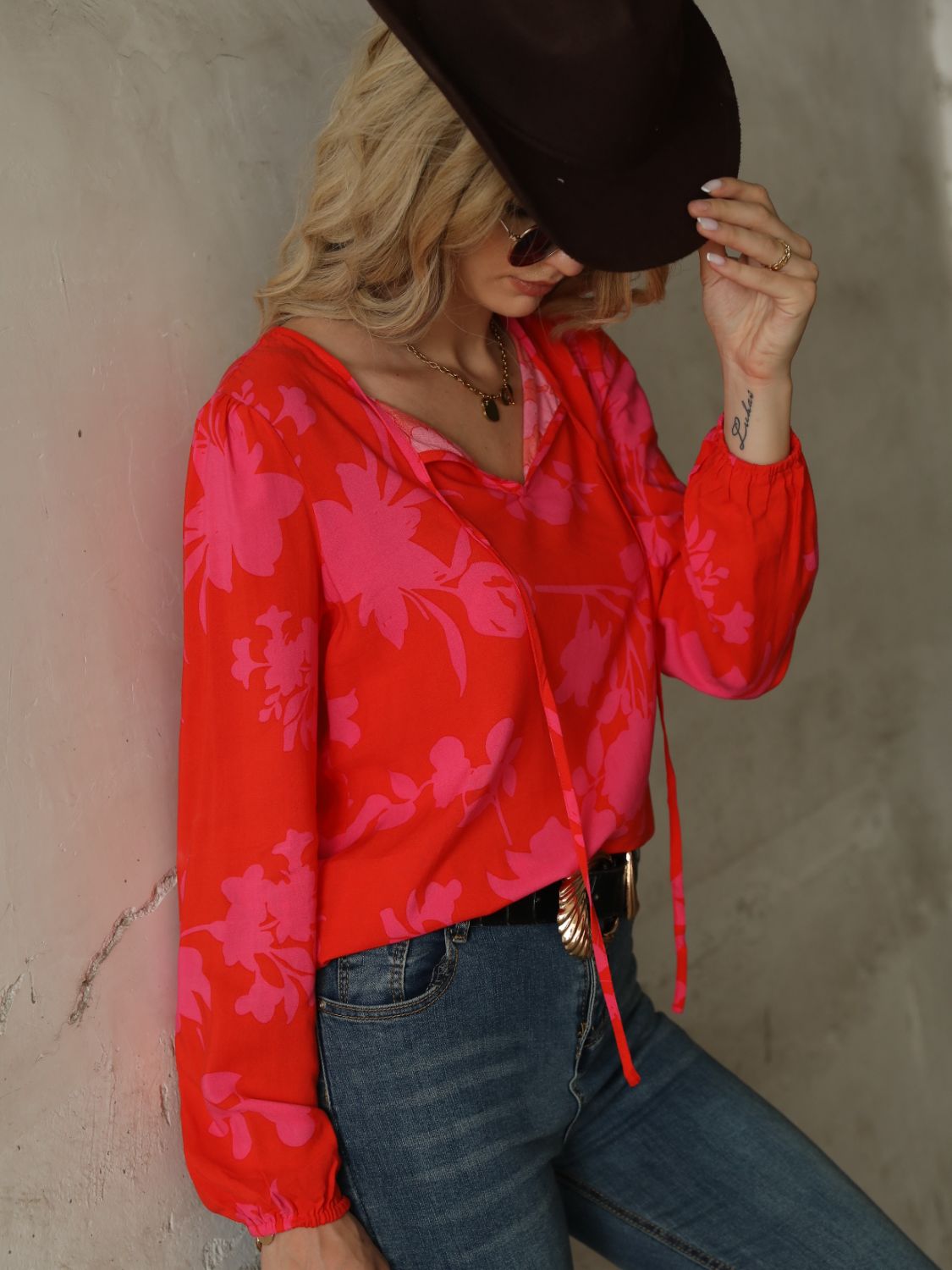 Printed Tie Neck Long Sleeve Blouse Print on any thing USA/STOD clothes