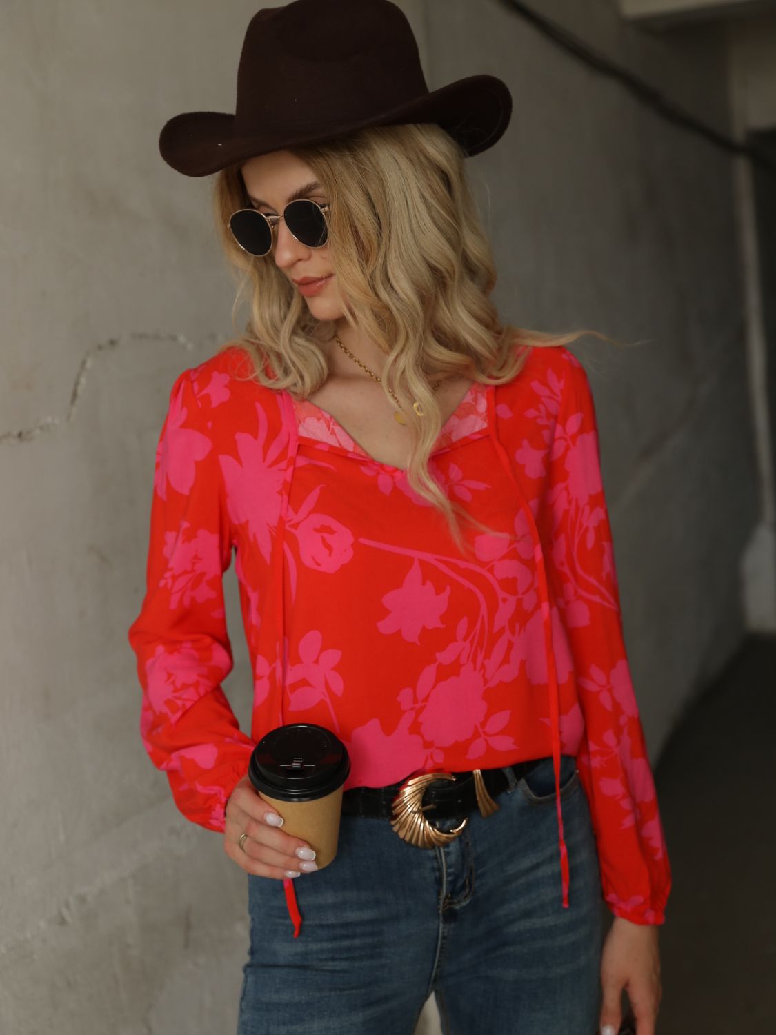 Printed Tie Neck Long Sleeve Blouse Print on any thing USA/STOD clothes