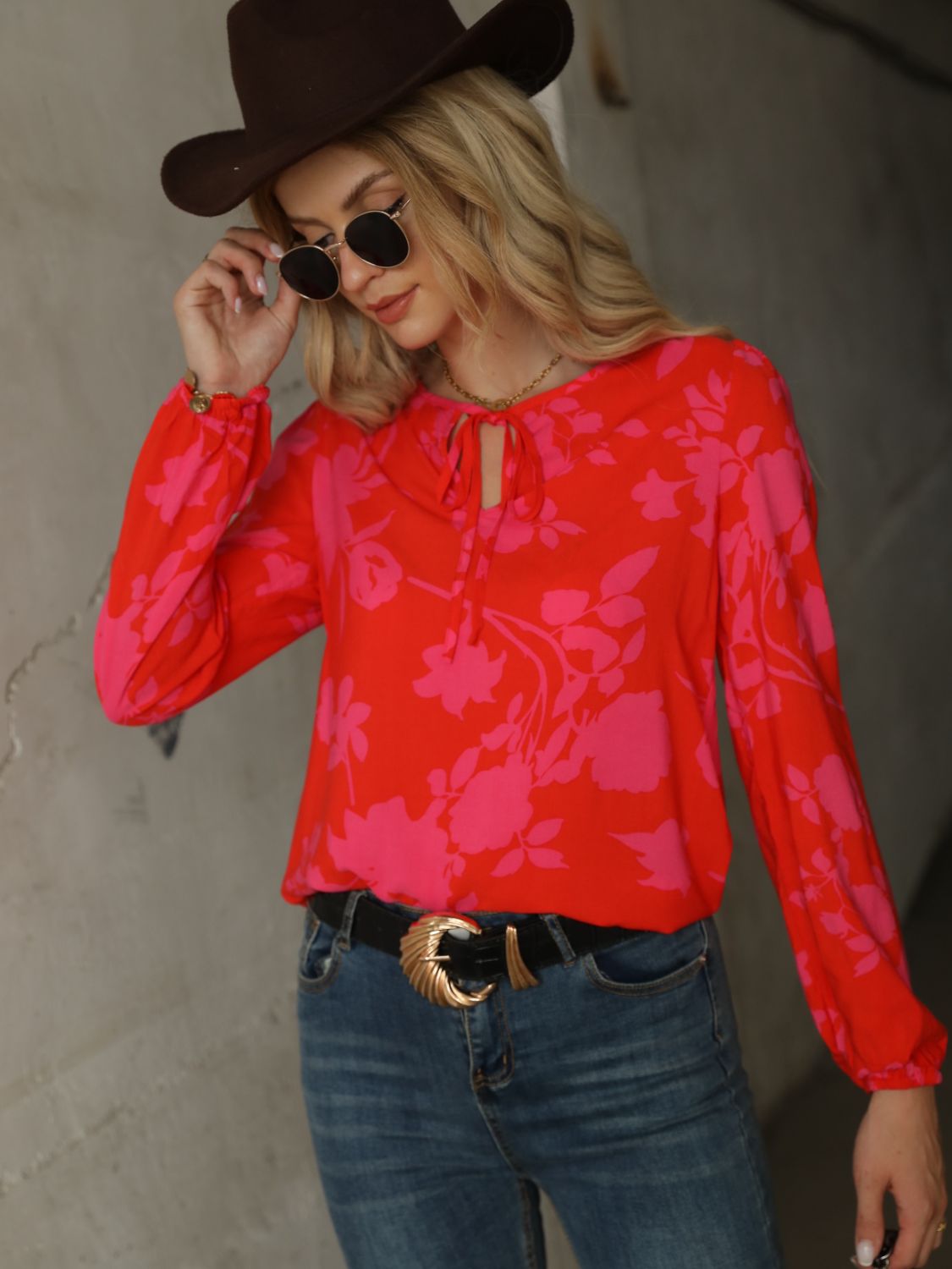 Printed Tie Neck Long Sleeve Blouse Print on any thing USA/STOD clothes