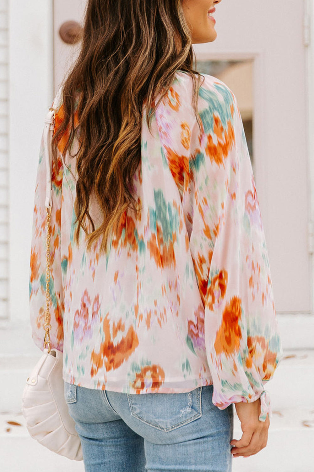 Printed Tie Neck Long Sleeve Blouse Print on any thing USA/STOD clothes