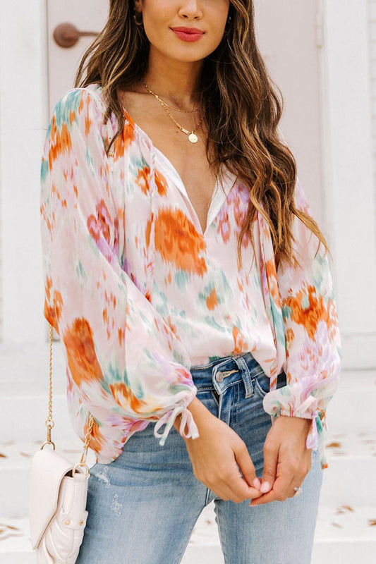 Printed Tie Neck Long Sleeve Blouse Print on any thing USA/STOD clothes