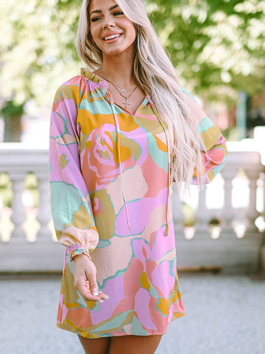 Printed Tie Neck Long Sleeve Dress Print on any thing USA/STOD clothes