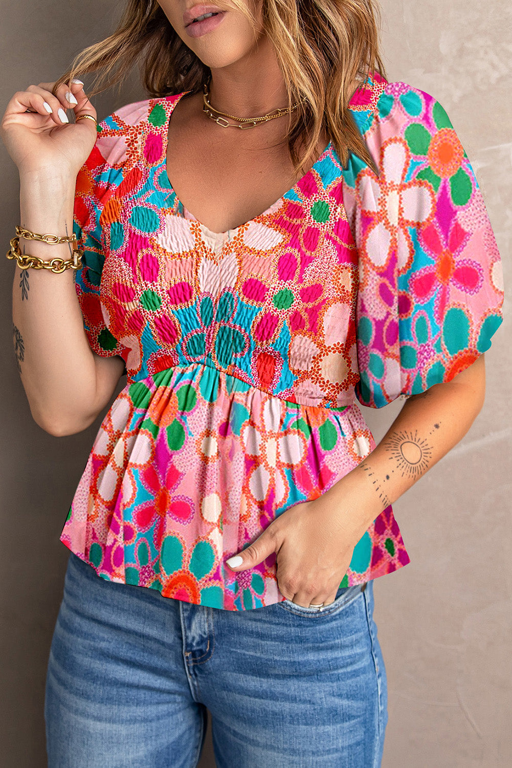 Printed V-Neck Babydoll Blouse Print on any thing USA/STOD clothes