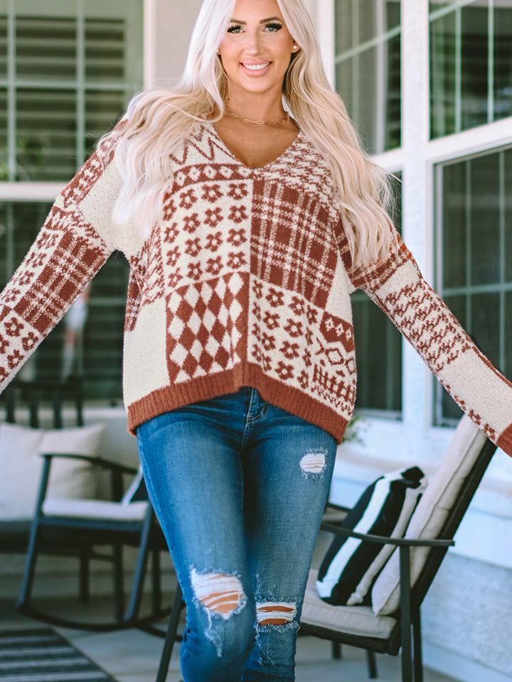 Printed V-Neck Long Sleeve Sweater Print on any thing USA/STOD clothes