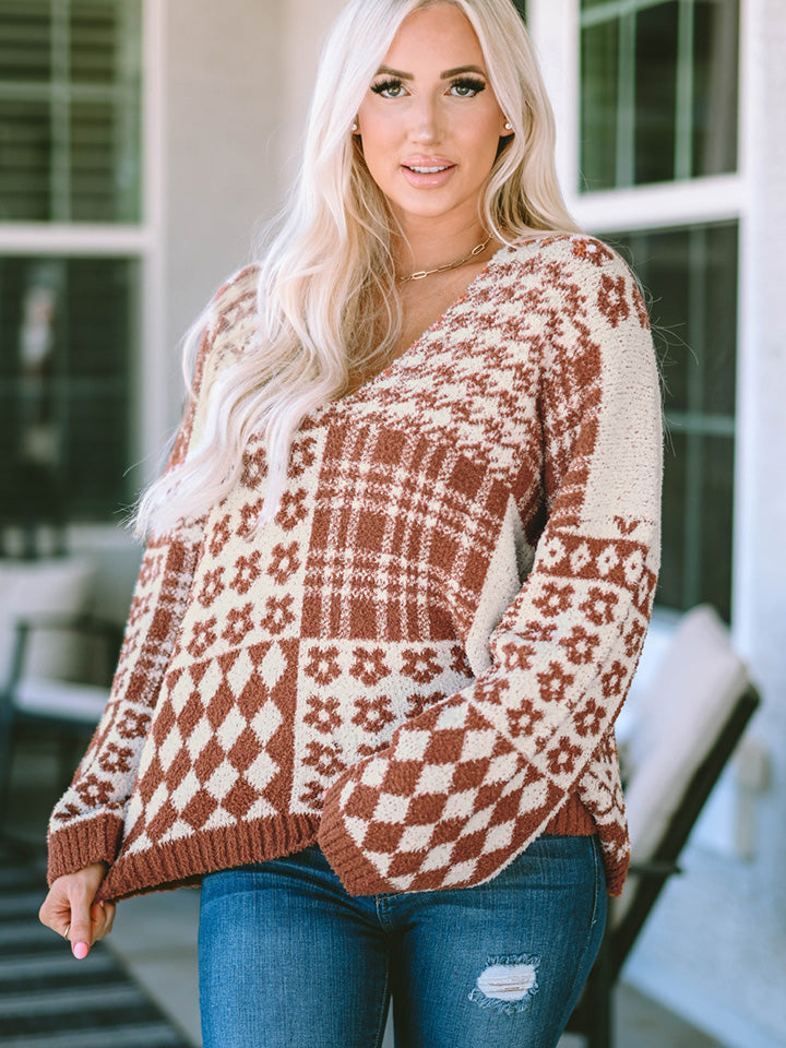 Printed V-Neck Long Sleeve Sweater Print on any thing USA/STOD clothes