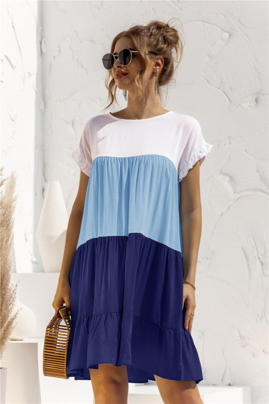 Women's Color Block Loose Short Sleeve Dress