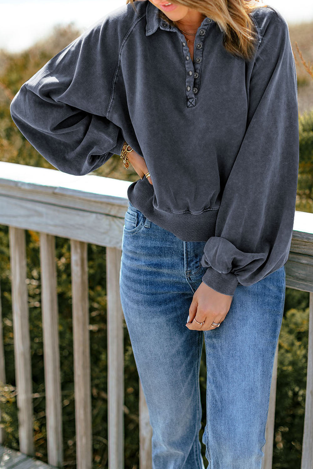 Quarter-Snap Collared Lantern Sleeve Sweatshirt Print on any thing USA/STOD clothes