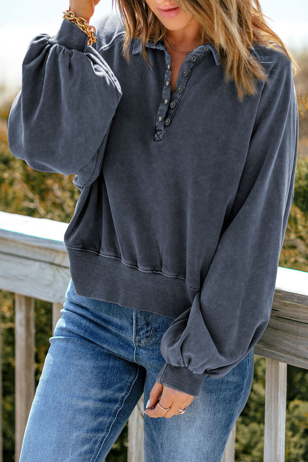 Quarter-Snap Collared Lantern Sleeve Sweatshirt Print on any thing USA/STOD clothes