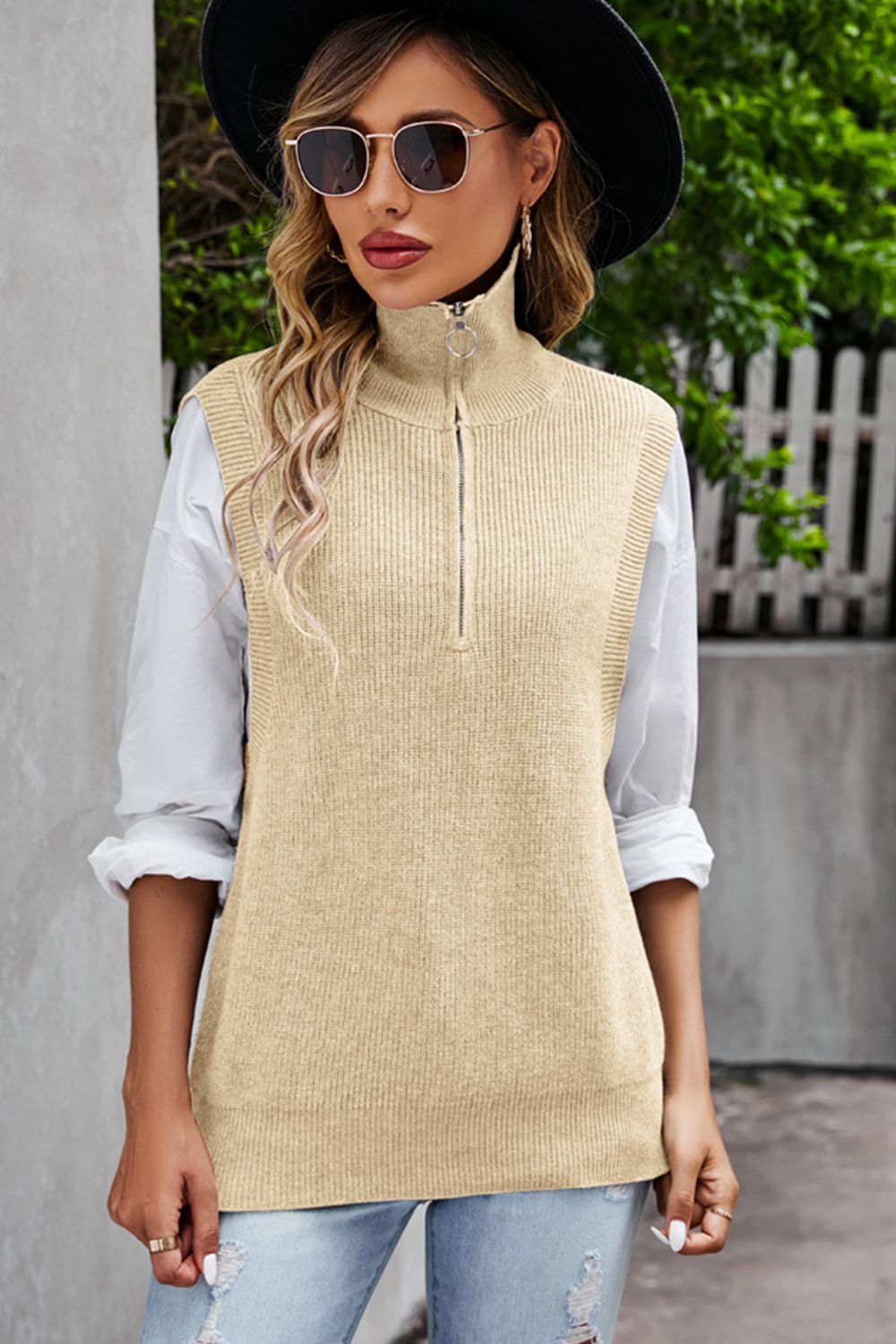 Quarter-Zip Ribbed Sweater Vest Print on any thing USA/STOD clothes