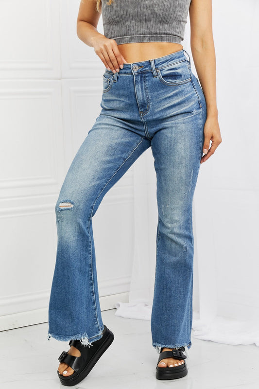 RISEN Full Size Iris High Waisted Flare Jeans Print on any thing USA/STOD clothes