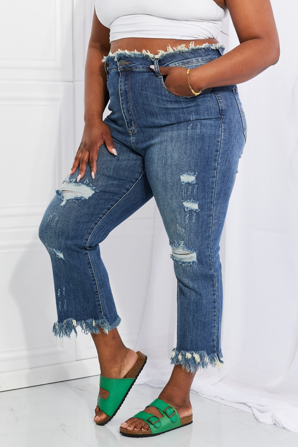 RISEN Full Size Undone Chic Straight Leg Jeans Print on any thing USA/STOD clothes