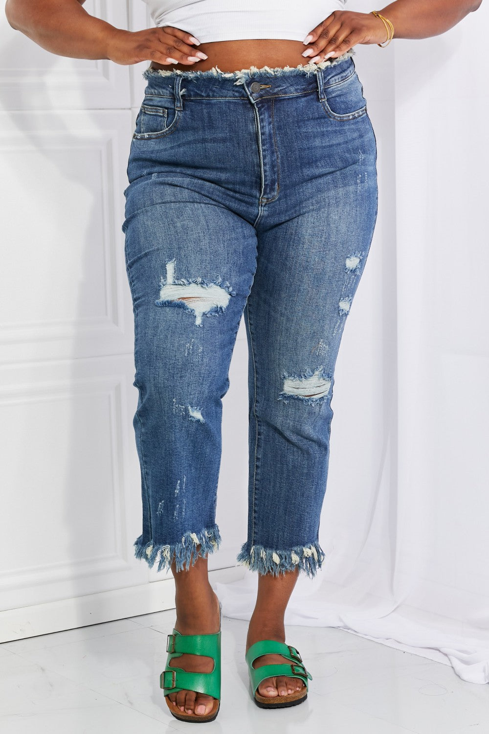 RISEN Full Size Undone Chic Straight Leg Jeans Print on any thing USA/STOD clothes