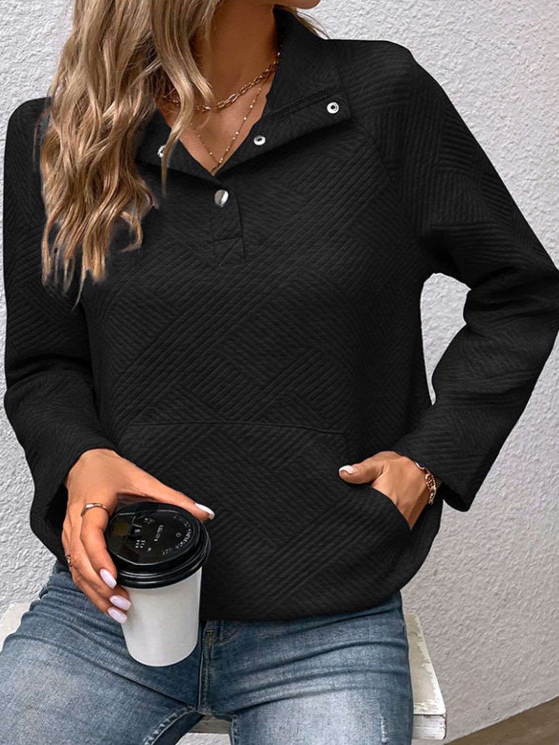 Raglan Sleeve Collared Neck Sweatshirt with Pocket Print on any thing USA/STOD clothes