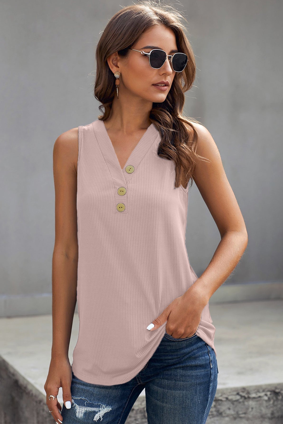 Ribbed Buttoned V-neck Tank Print on any thing USA/STOD clothes