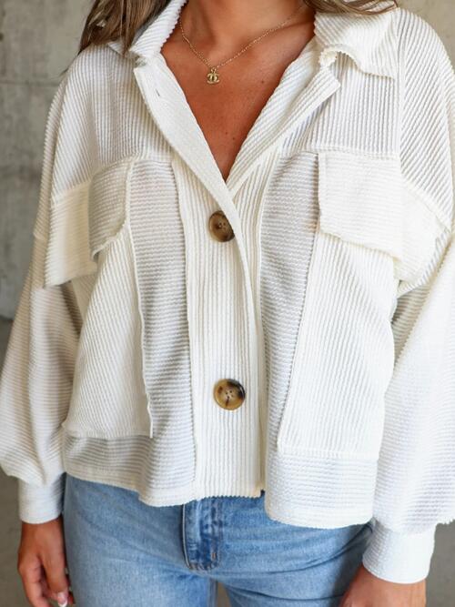 Ribbed Collared Neck Button Up Jacket Print on any thing USA/STOD clothes