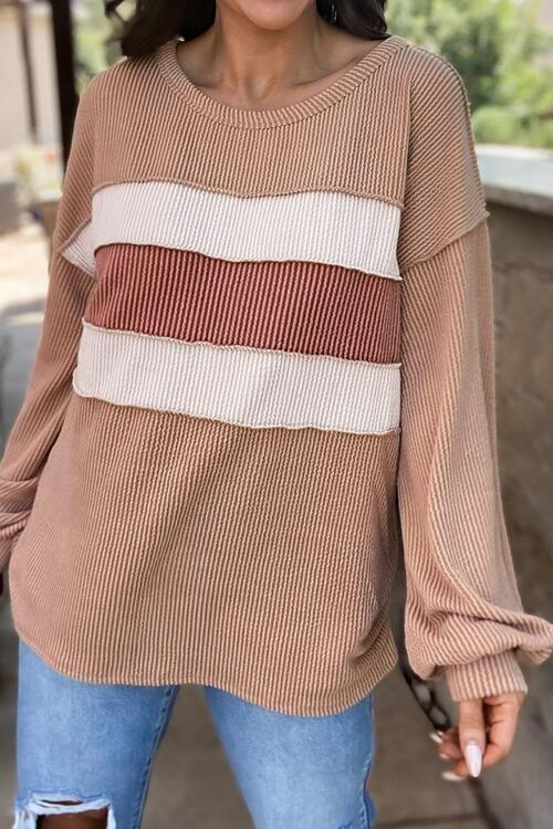 Ribbed Color Block Exposed Seam Round Neck Blouse Print on any thing USA/STOD clothes