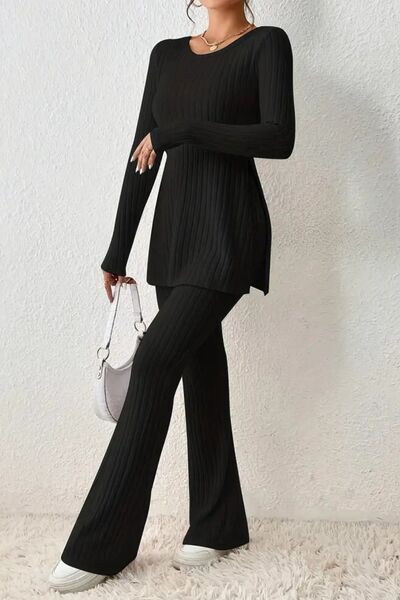 Ribbed Long Sleeve Slit Top and Bootcut Pants Set Print on any thing USA/STOD clothes