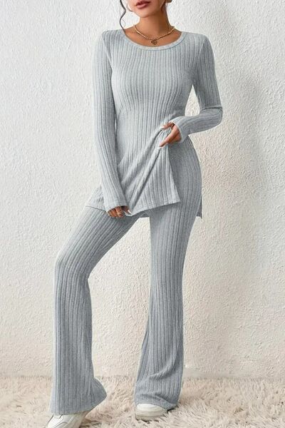 Ribbed Long Sleeve Slit Top and Bootcut Pants Set Print on any thing USA/STOD clothes