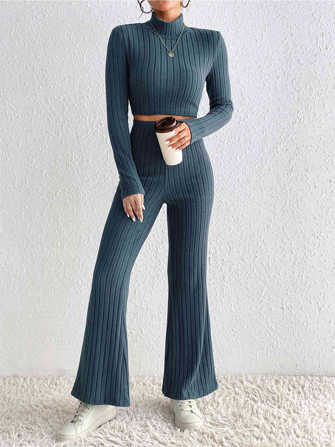 Ribbed Mock Neck Cropped Sweater & High Waist Pants Set Print on any thing USA/STOD clothes