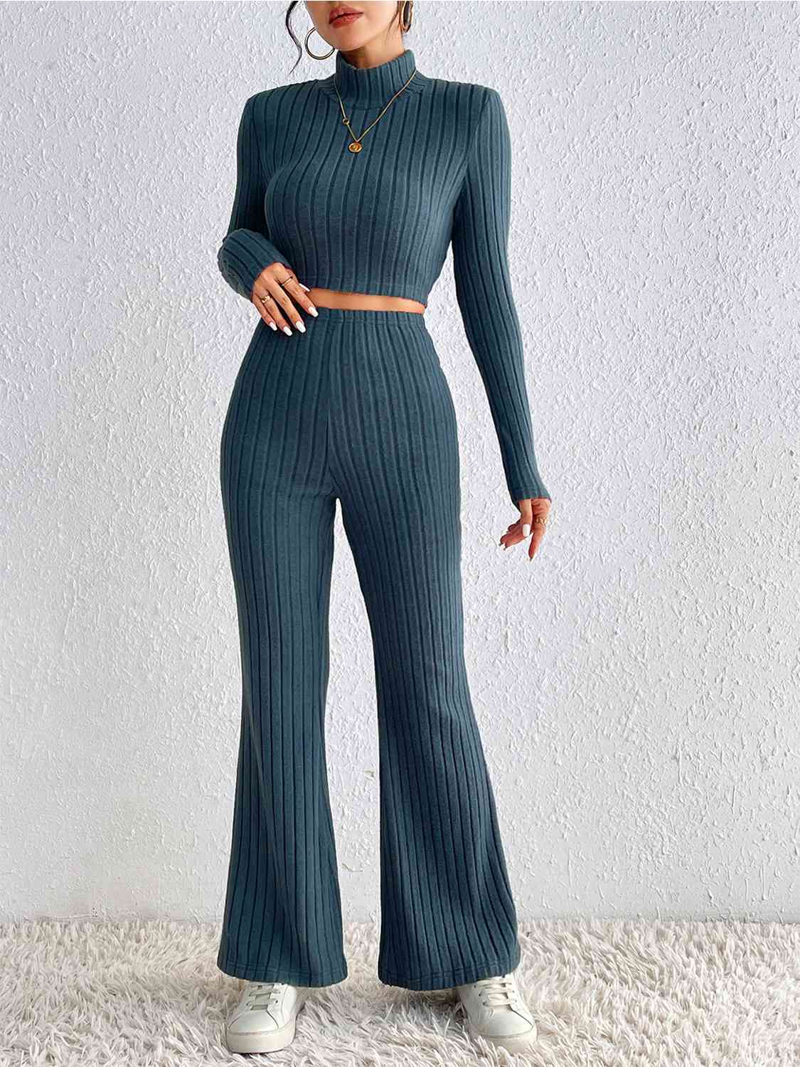Ribbed Mock Neck Cropped Sweater & High Waist Pants Set Print on any thing USA/STOD clothes