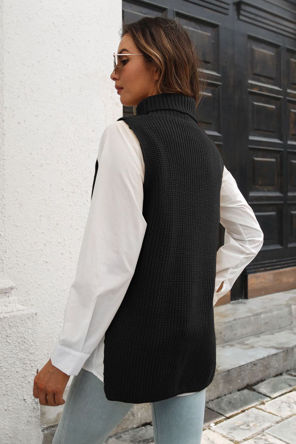 Ribbed Mock Neck Sleeveless Sweater Vest Print on any thing USA/STOD clothes