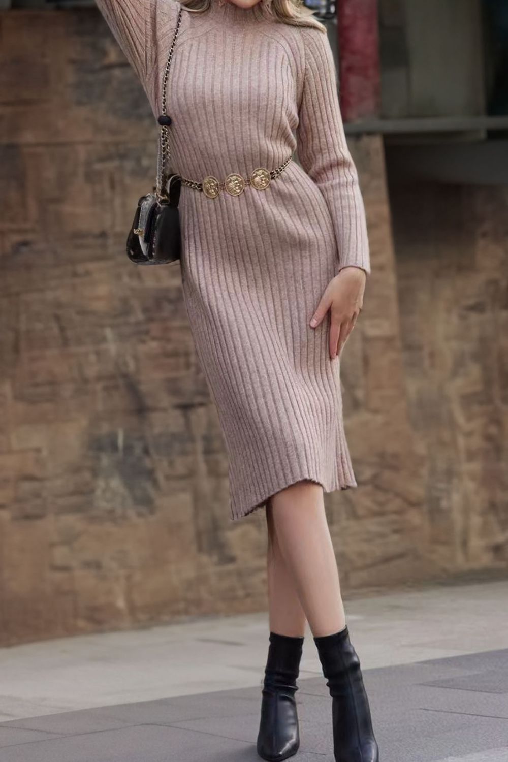 Ribbed Mock Neck Sweater Dress Print on any thing USA/STOD clothes