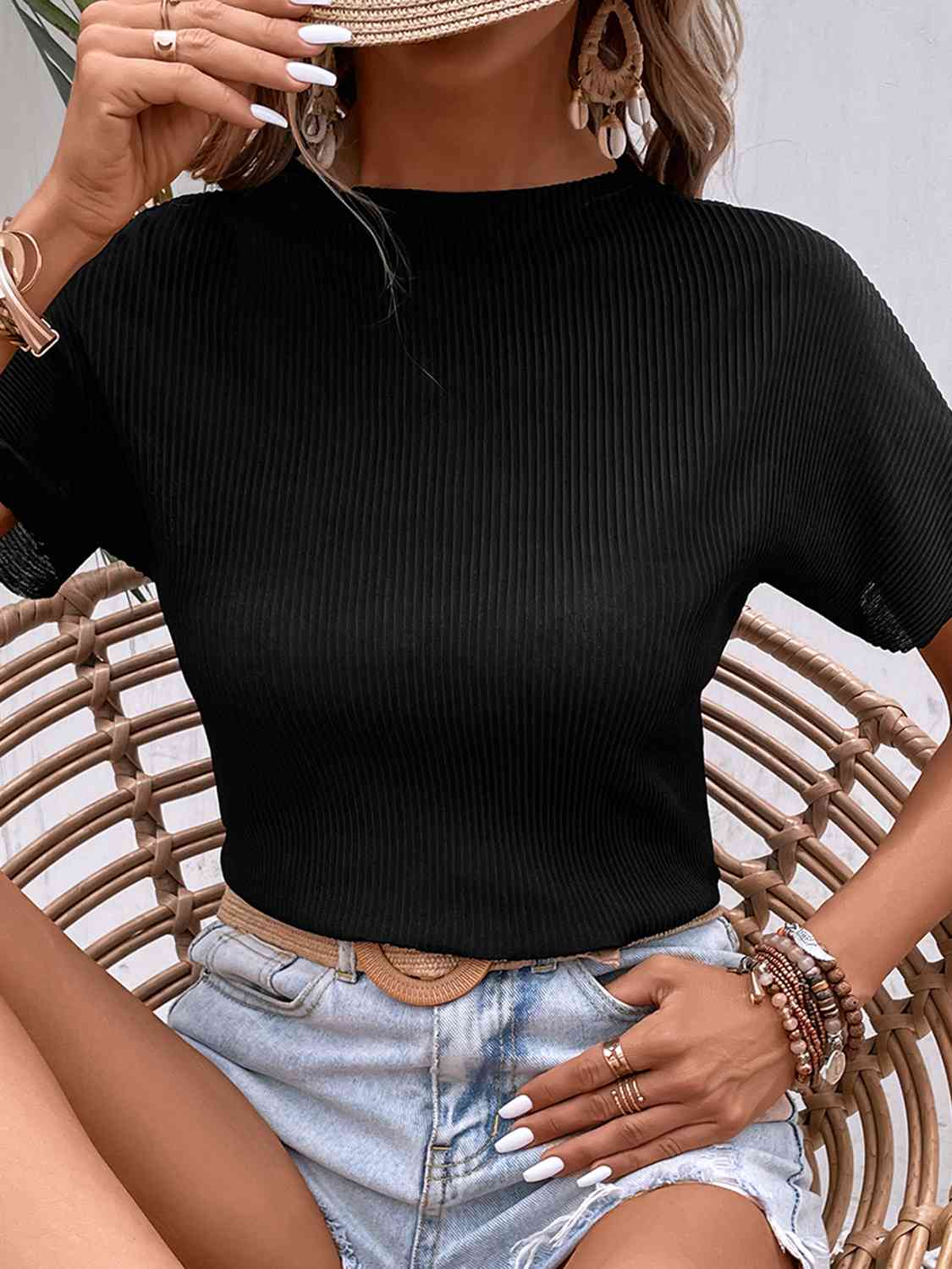 Ribbed Round Neck Short Sleeve T-Shirt Print on any thing USA/STOD clothes