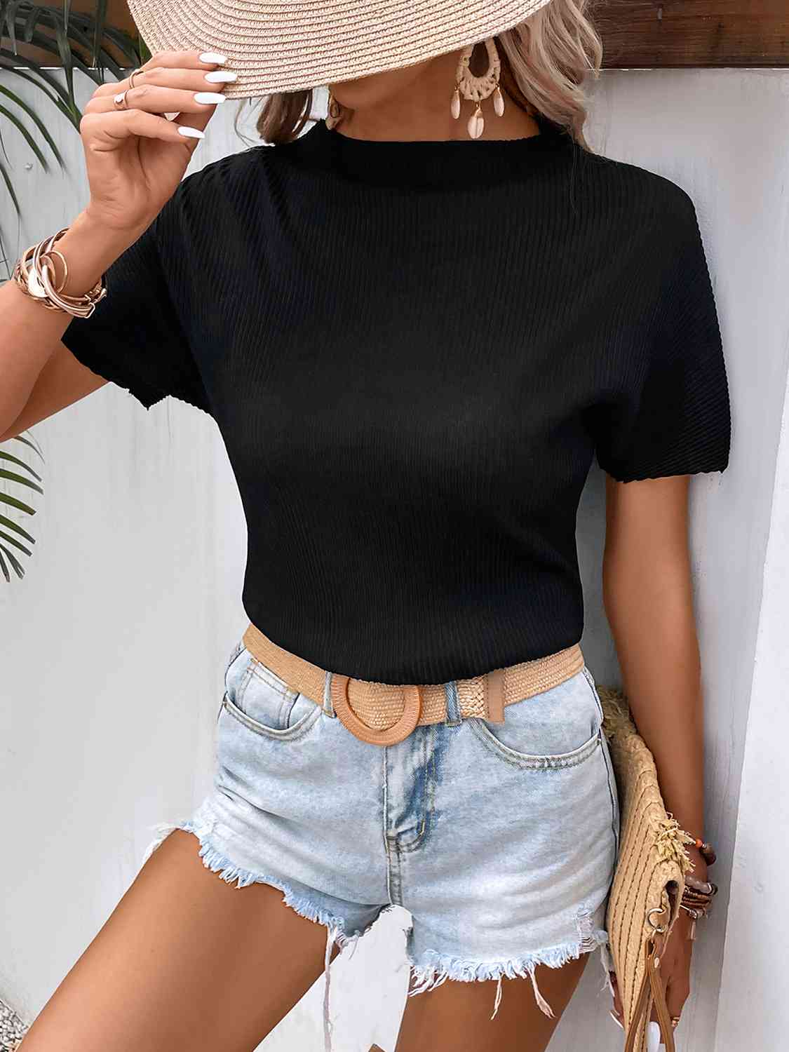 Ribbed Round Neck Short Sleeve T-Shirt Print on any thing USA/STOD clothes