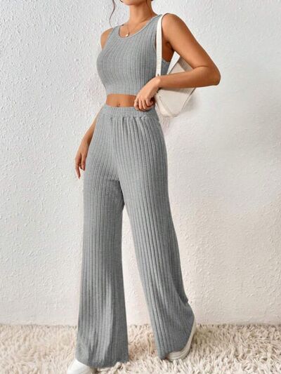 Ribbed Round Neck Tank and Pants Sweater Set Print on any thing USA/STOD clothes