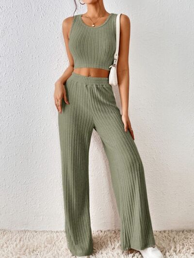 Ribbed Round Neck Tank and Pants Sweater Set Print on any thing USA/STOD clothes