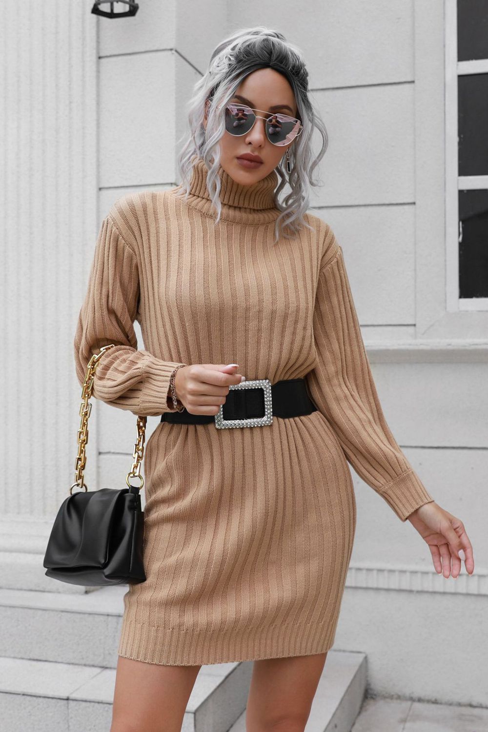 Ribbed Turtle Neck Long Sleeve Mini Sweater Dress Print on any thing USA/STOD clothes