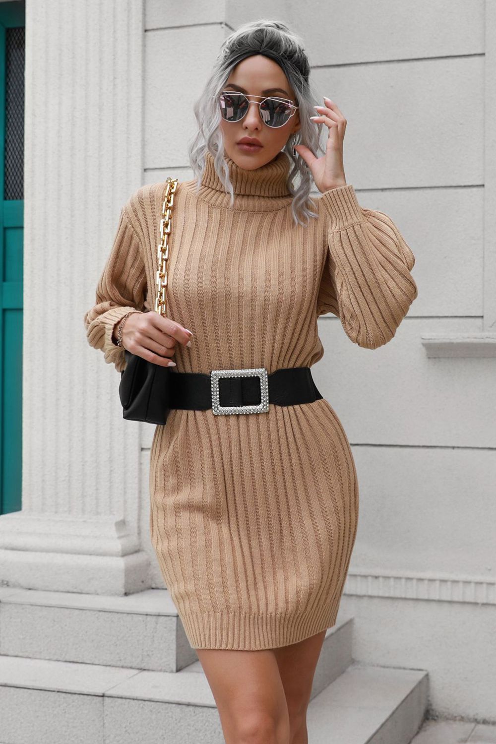 Ribbed Turtle Neck Long Sleeve Mini Sweater Dress Print on any thing USA/STOD clothes