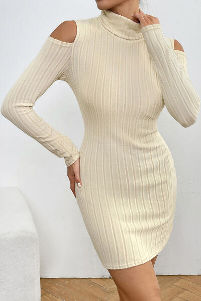 Ribbed Turtleneck Cold Shoulder Long Sleeve Mini Dress Print on any thing USA/STOD clothes