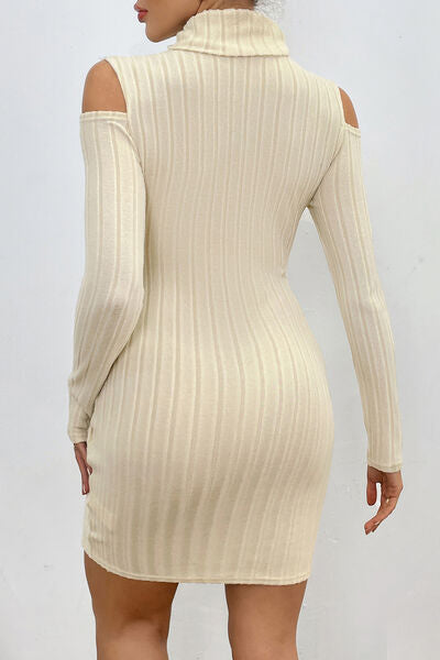 Ribbed Turtleneck Cold Shoulder Long Sleeve Mini Dress Print on any thing USA/STOD clothes