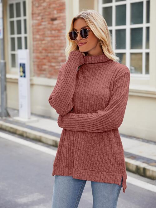 Ribbed Turtleneck Long Sleeve Slit Knit Top Print on any thing USA/STOD clothes