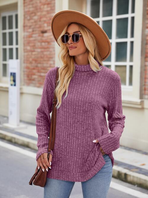 Ribbed Turtleneck Long Sleeve Slit Knit Top Print on any thing USA/STOD clothes