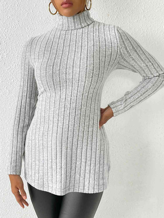 Ribbed Turtleneck Long Sleeve Slit T-Shirt Print on any thing USA/STOD clothes