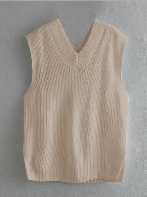 Ribbed V-Neck Sleeveless Sweater Vest Print on any thing USA/STOD clothes