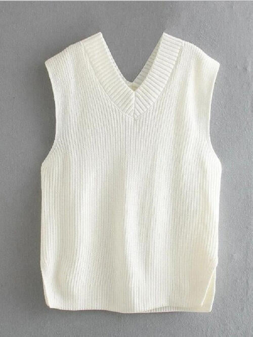 Ribbed V-Neck Sleeveless Sweater Vest Print on any thing USA/STOD clothes