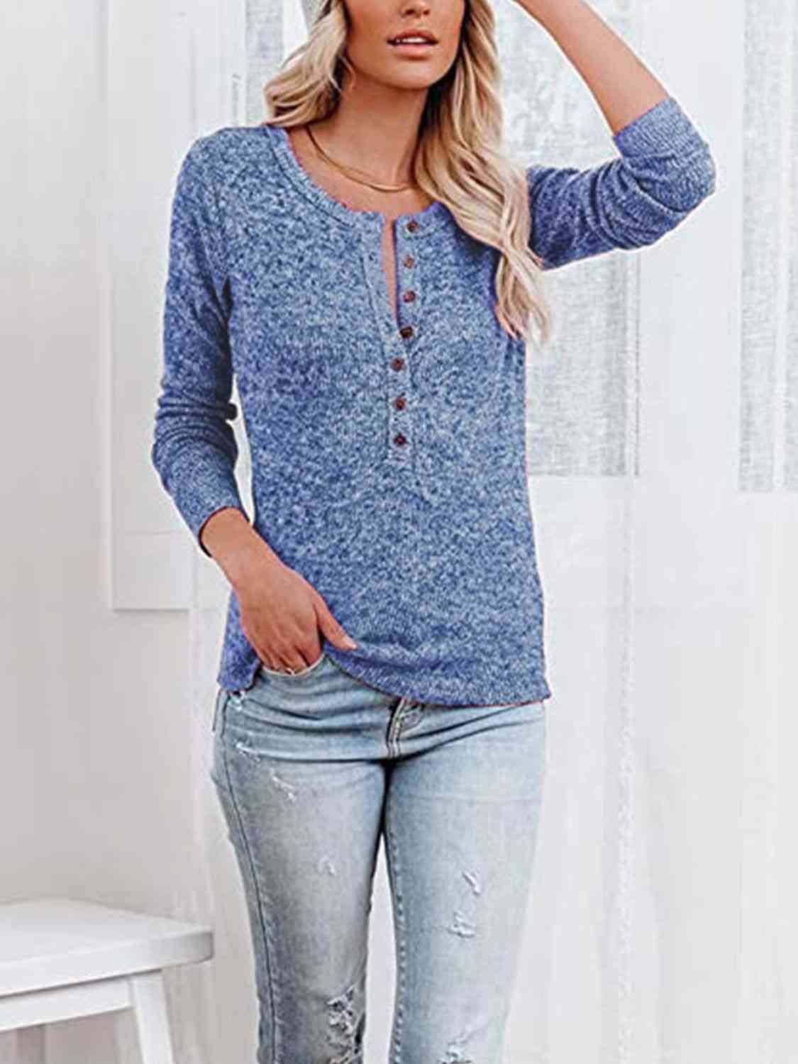 Round Neck Buttoned Long Sleeve T-Shirt Print on any thing USA/STOD clothes