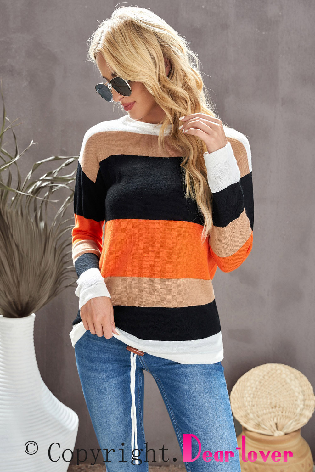 Round Neck Color Block Dropped Shoulder Knit Top Print on any thing USA/STOD clothes